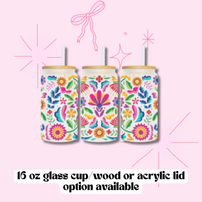 Mexican Embroidrery 16 oz Glass Cup